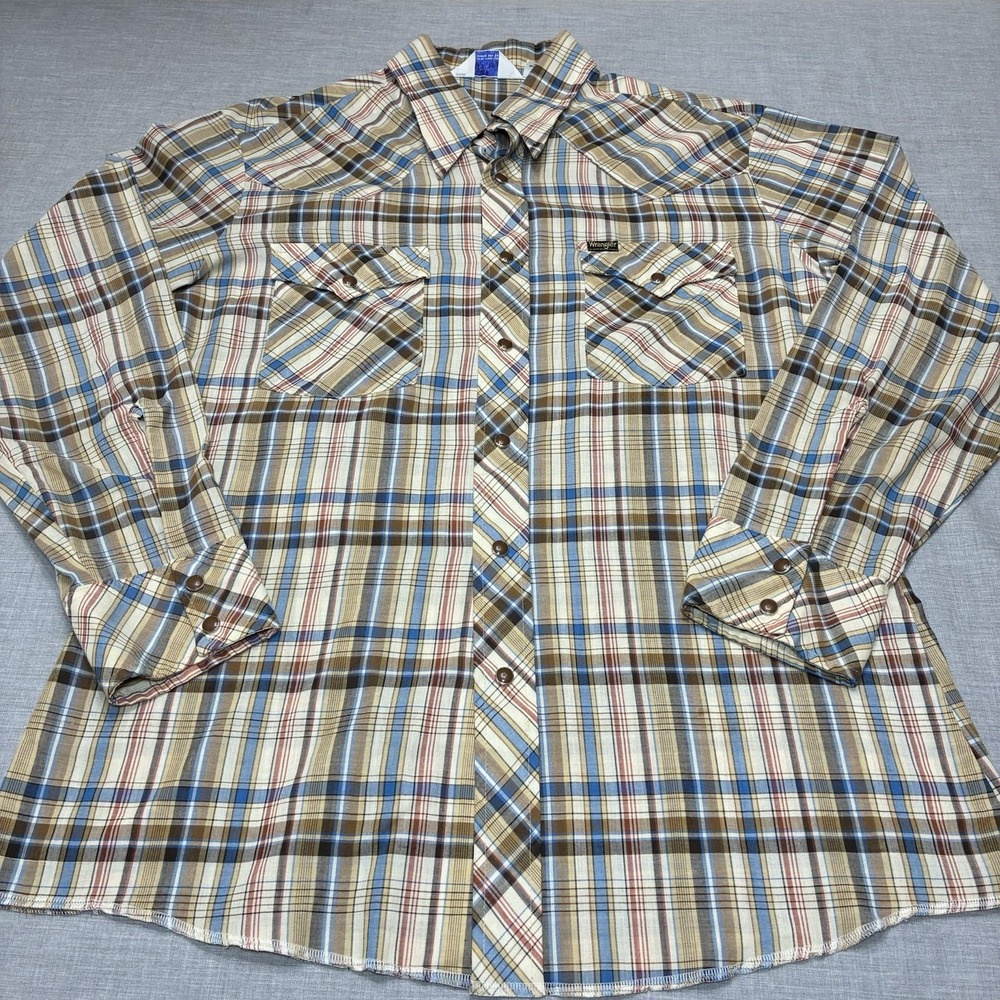 Vintage Wrangler Snap Shirt Long Sleeve Mens L Brown Western Plaid Made in USA